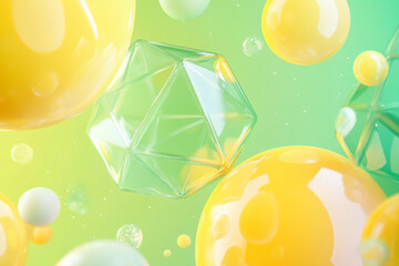 Wall Mural - A playful abstract background with bright gradients of yellow and green. _D geometric shapes like floating tetrahedrons and spheres have a translucent, glossy finish, with vibrant colors and dynamic l