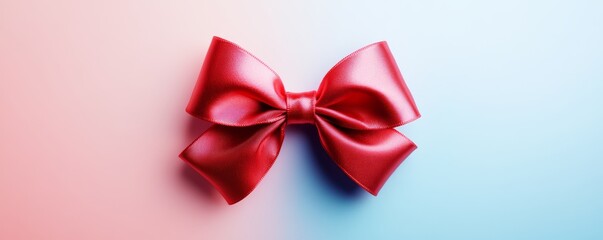 Red satin bow on a gradient background, festive decoration concept