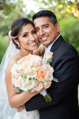 A happy Hispanic bride and groom embracing each other after their wedding ceremony, both smiling brightly at the camera with love and contentment.