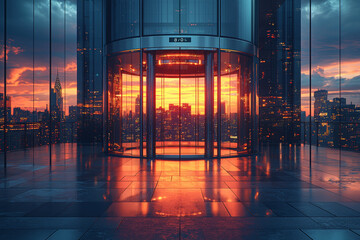 Poster - A skyscraper with a revolving door that leads to different business sectors, symbolizing career changes and job transitions. Concept of career flexibility.