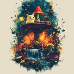 Wall Mural - Enchanted forest scene with a cat and vibrant mushrooms.