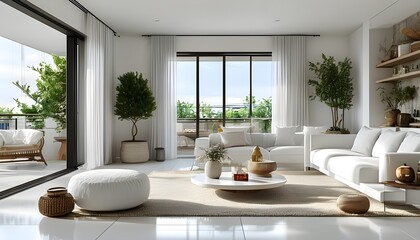 Serene white living room featuring open floor plan and balcony in a modern design by generative AI