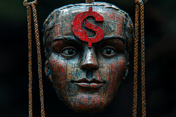 Poster - A puppet with strings connected not to a puppeteer, but to a dollar sign, symbolizing the control of money over human actions. Concept of economic power and manipulation.