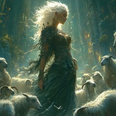 Canvas Print - Enchanting figure surrounded by ethereal sheep in a forest.