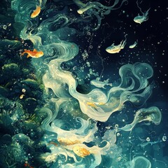 Canvas Print - Ethereal underwater scene with swirling fish and plants.