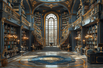 Poster - a library styled as a castle's library, with towering bookshelves, a rolling ladder, and a cozy read