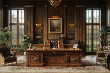 A home office styled as a royal council chamber, with large wooden desk and regal furnishings, representing professional authority. Concept of work.