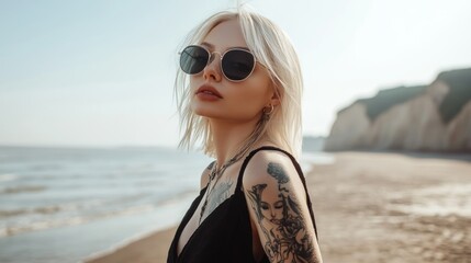 Wall Mural - Young Woman with Tattoo and Sunglasses on the Beach