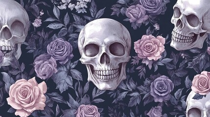 Poster - Skulls and Roses on a Dark Background