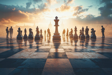 Wall Mural - A giant chessboard with business executives as the pieces, emphasizing strategic decision-making in corporate settings. Concept of strategy.