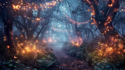 Wall Mural - Autumn magical forest background with lights