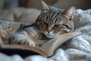 Sticker - A cat lounging on a sofa, engrossed in reading a book, depicting a relaxing day off. Concept of leisure.