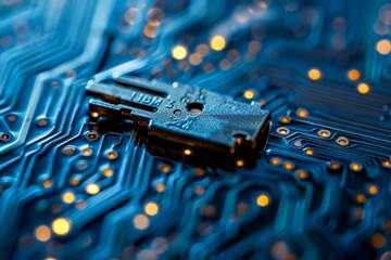 Poster - electronic circuit board showing computer technology with glowing processor