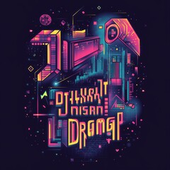 Wall Mural - Futuristic neon cityscape with digital elements.