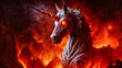 © unicusx - Fiery infernal demonic unicorn with glowing eyes emerges from inferno. Mythical creature in hellish landscape. Fantasy art of demonic unicorn surrounded by flames and smoke.