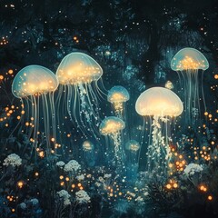 Canvas Print - Glowing jellyfish in a mystical forest setting.