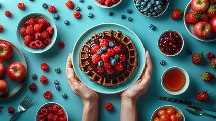 Poster -  A person holds a plate with a waffle topped with various berries  and a cup of tea