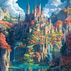 Sticker - Majestic castle surrounded by vibrant autumn landscape.