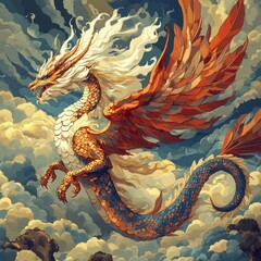 Sticker - Majestic dragon soaring through vibrant clouds.