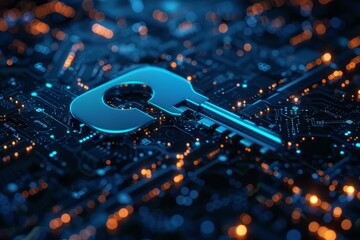 Aufkleber - Glowing blue key is laying on a futuristic microchip circuit board