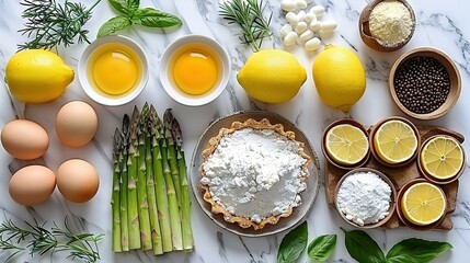 Canvas Print -  Table topped with lemons, asparagus, eggs, & other foods on white counter