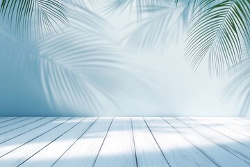 Light blue background with white wood floor and palm leaf