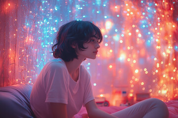 Poster - A young person setting up a creative photo shoot in their bedroom, surrounded by eclectic props and a backdrop of colorful lights. Concept of self-expression and photography.