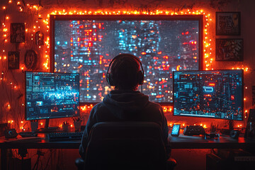 Poster - a young person showcasing their latest tech gadgets and accessories in a sleek, modern bedroom setup