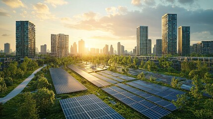 Modern cityscape with solar panels and greenery.