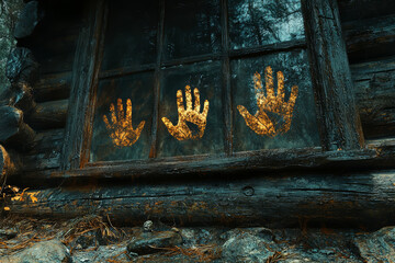 Poster - A series of ghostly handprints appearing on a misted-up window of an old, unused cabin, hinting at past visitors. Concept of lingering spirits and paranormal traces.