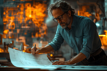 Fototapete - A Renaissance architect designing a futuristic skyscraper with advanced 3D modeling software, merging classic architectural principles with modern technology.