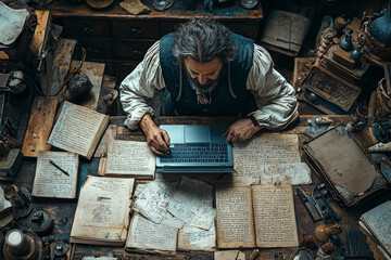 Poster - A medieval scribe meticulously working on a laptop, surrounded by ancient manuscripts and modern office supplies. Concept of historical practices integrated with current technology.