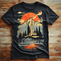 Wall Mural - Mountain landscape graphic on a black t-shirt.