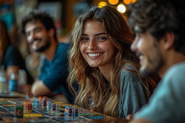 Sticker - A group of friends taking part in a lively board game night, with a variety of games spread out on a table and enthusiastic laughter filling the room.