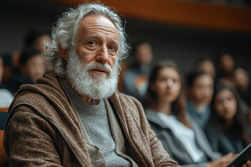 Poster - a greek philosopher discussing modern philosophical topics with students in a university lecture hal