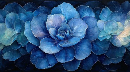   Blue flower painting with green leaves