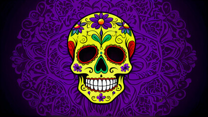 Wall Mural - Ornamental Calavera of Día de los Muertos: A Festive Sugar Skull Adorned with Bright Flowers and Heart-Shaped Nasal Cavity, Celebrating Life and Death with Intricate Petal Patterns and a Purple Textur