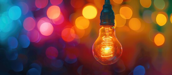 Wall Mural - light bulb hanging from the top with inscription idea on a colorful background bokeh lights led info