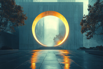 Poster - a futuristic, multi-dimensional gateway appearing in the middle of a historical square, allowing gli