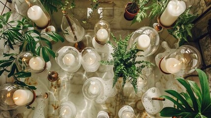 Poster -   A spacious room brimming with numerous glass vases containing lush plants and flickering candles atop each