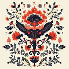 Wall Mural - Ornate floral and bird design in vibrant colors.