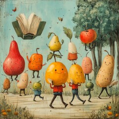 Sticker - Playful fruits walking and reading in a whimsical scene.