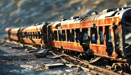 Wall Mural - Train derailment scene with broken wagons and debris, showcasing impact and chaos from the accident