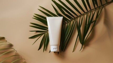 Wall Mural - Mock-up. A tube of cream sitting next to a palm leaf, beige background