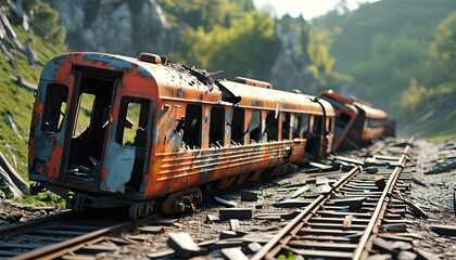 Wall Mural - Train derailment scene with broken wagons and debris, showcasing impact and chaos from the accident