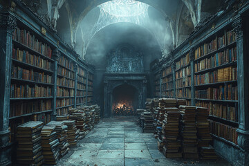 Poster - a darkened library filled with ancient, dusty books, where mysterious voices and ghostly figures are