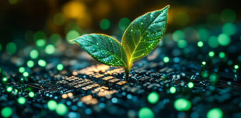 A leaf is growing on a computer chip. The leaf is surrounded by a glowing cityscape. Concept of growth and technology coming together in harmony