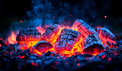 Poster - A pile of burning wood with a blue and red glow. The fire is hot and the wood is charred