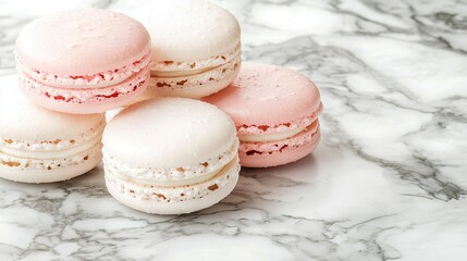 Poster -   A white marble countertop holds a stack of pink and white macaroons