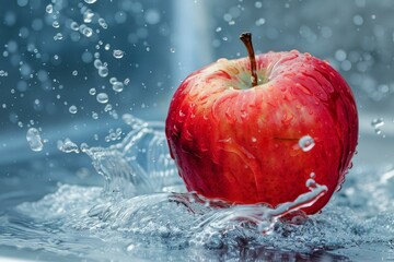 Red apple splashing in water drops creating waves